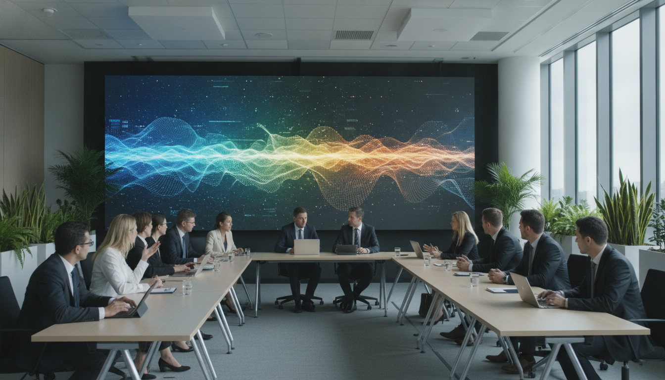 Modern conference room with professionals engaging with technology and sustainable design elements.