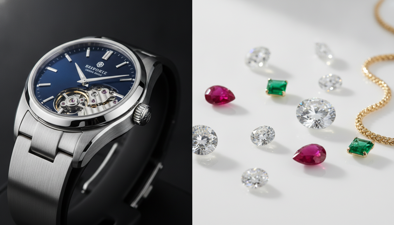 A visual comparison of a luxury watch and sparkling loose gemstones with fine jewelry, representing diverse trade show focuses.