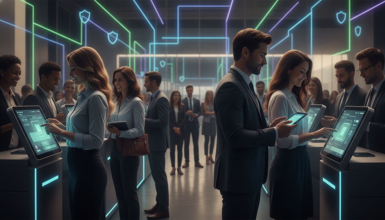 Modern event check-in area with attendees, showing seamless experience and underlying digital security.