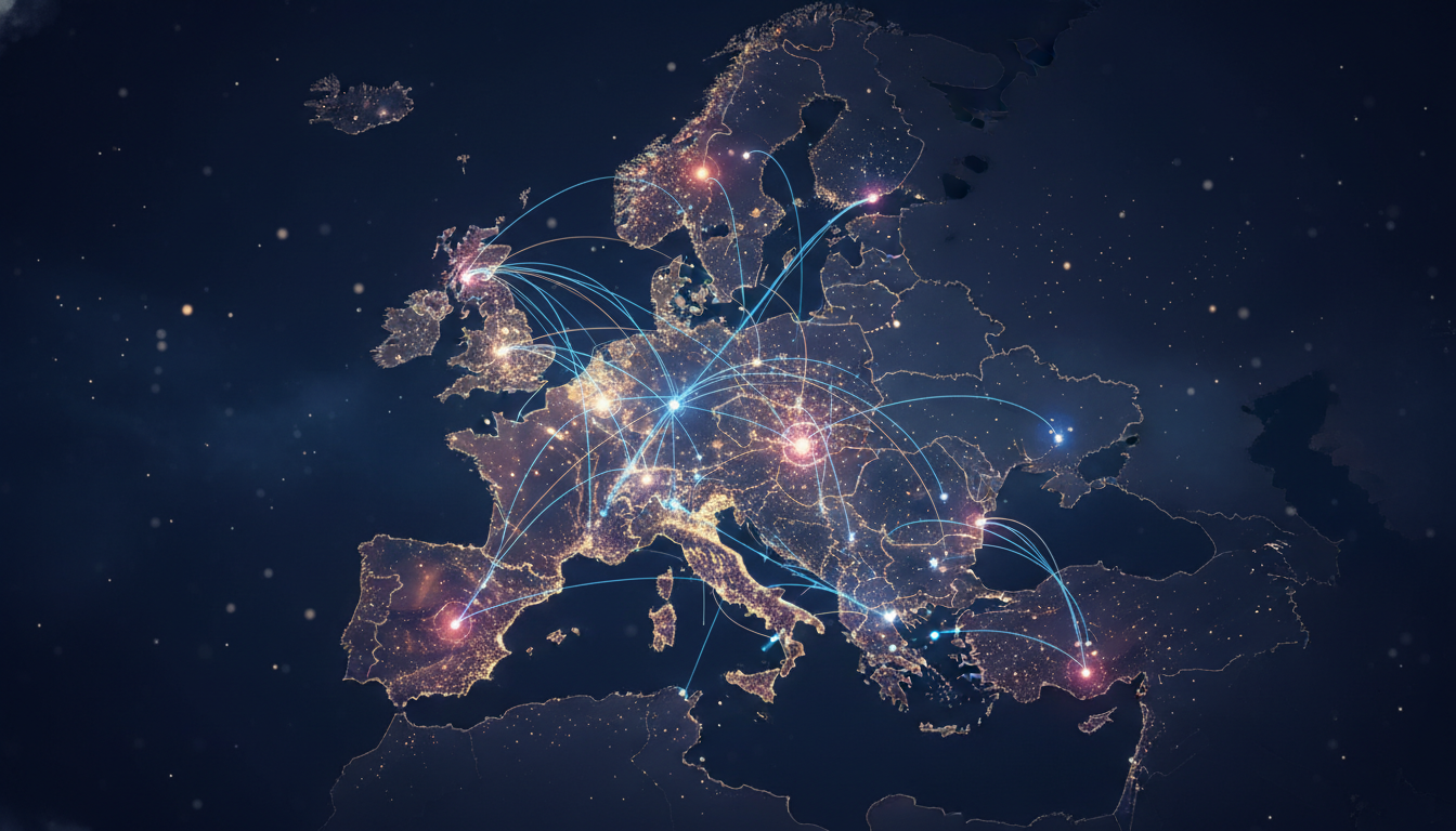 Abstract digital network representing interconnected events across Europe.