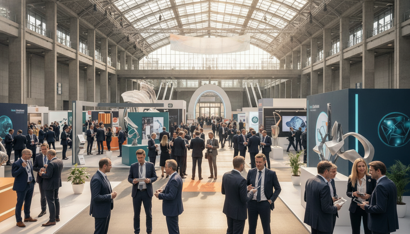Professionals engaging and networking in a large, modern European exhibition hall.