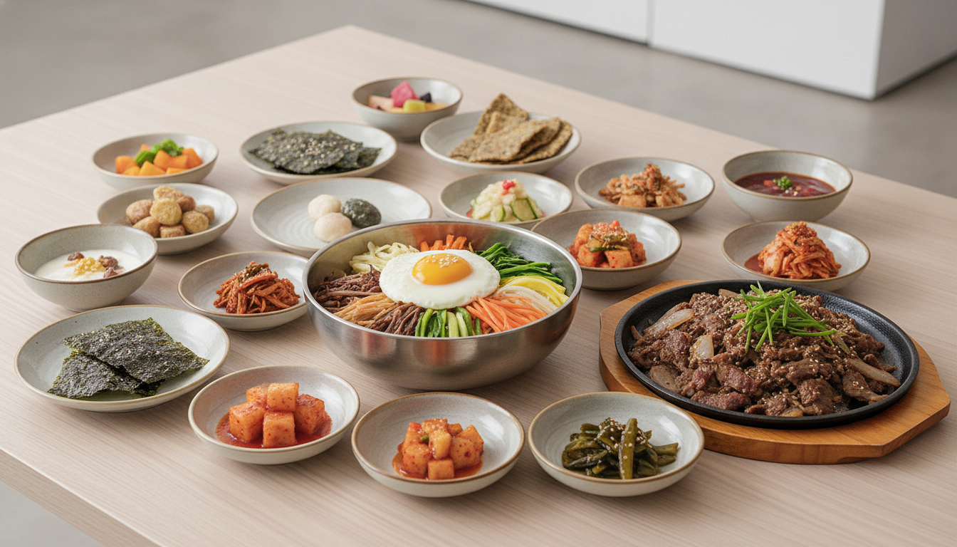 A vibrant and diverse spread of modern and traditional Korean dishes, showcasing the breadth of K-food.