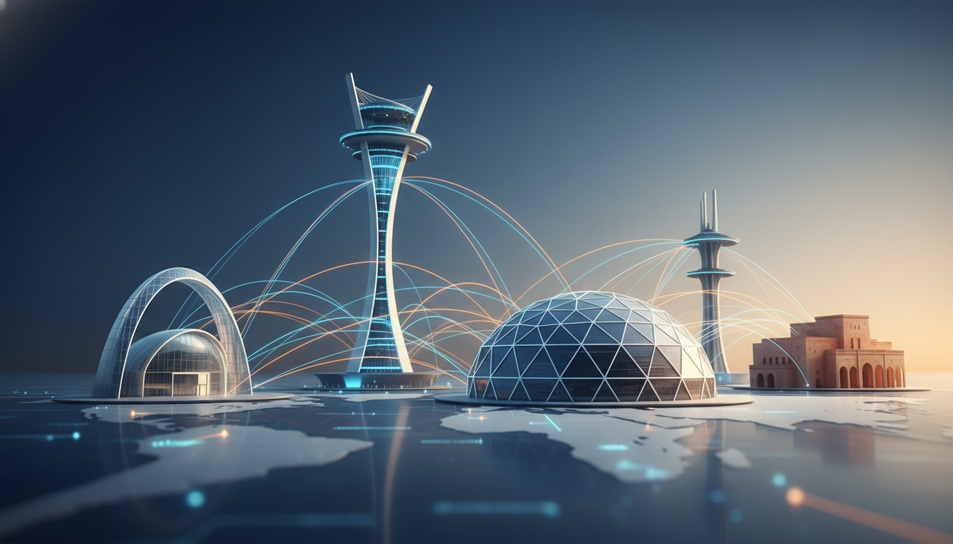 Abstract representation of four interconnected global exhibition venues, symbolizing strategic growth and international collaboration.