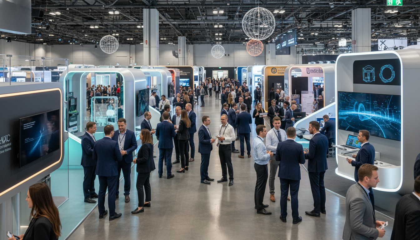 Professionals networking in a vibrant, modern global exhibition hall.