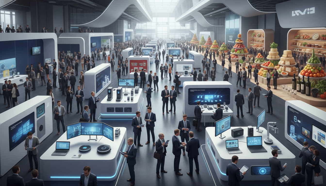 A wide view of a modern international trade fair bustling with professionals, showcasing both cutting-edge consumer electronics and diverse food and beverage displays.