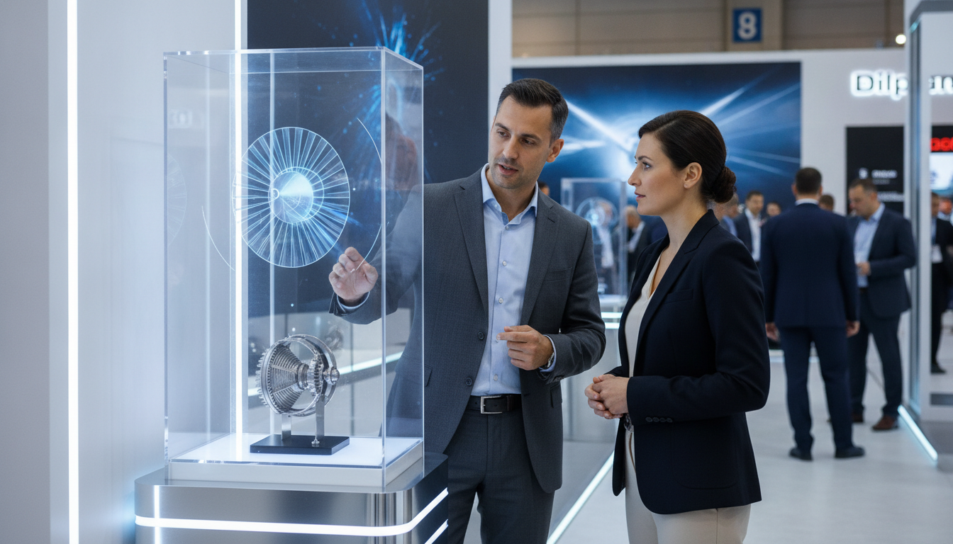 Aerospace professionals discussing technology at an exhibition booth during a trade show.