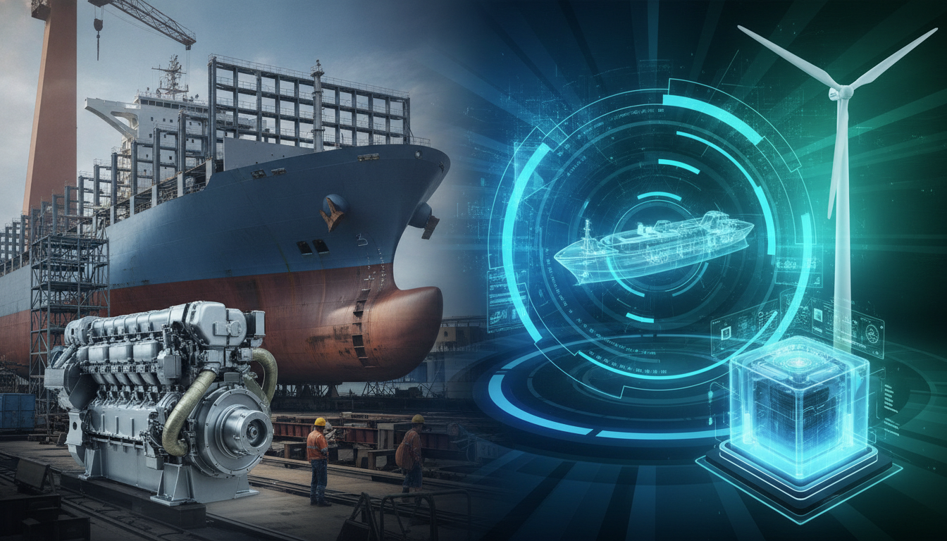 A composite image showing traditional shipbuilding alongside advanced digital control systems and sustainable maritime technology.