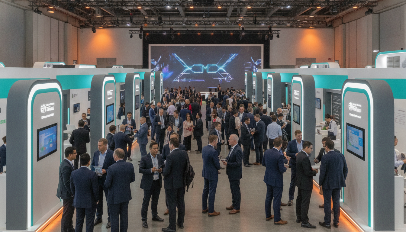 Professionals networking at a bustling, modern trade show in India.