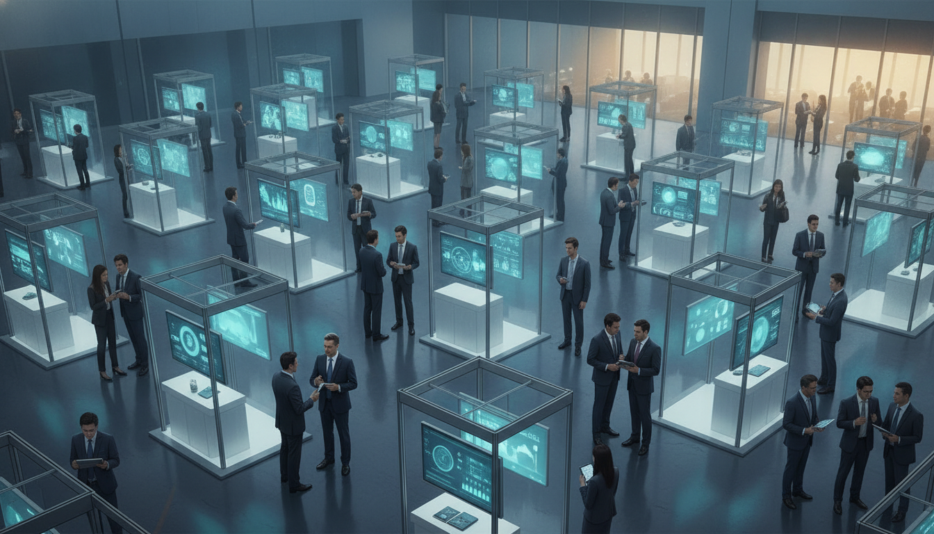 Business professionals networking at a large, modern exhibition in an East Asian convention center.