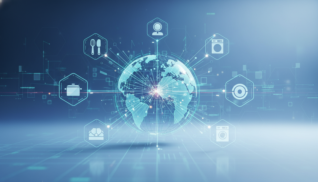 Global network connecting diverse smart home appliances and innovations.