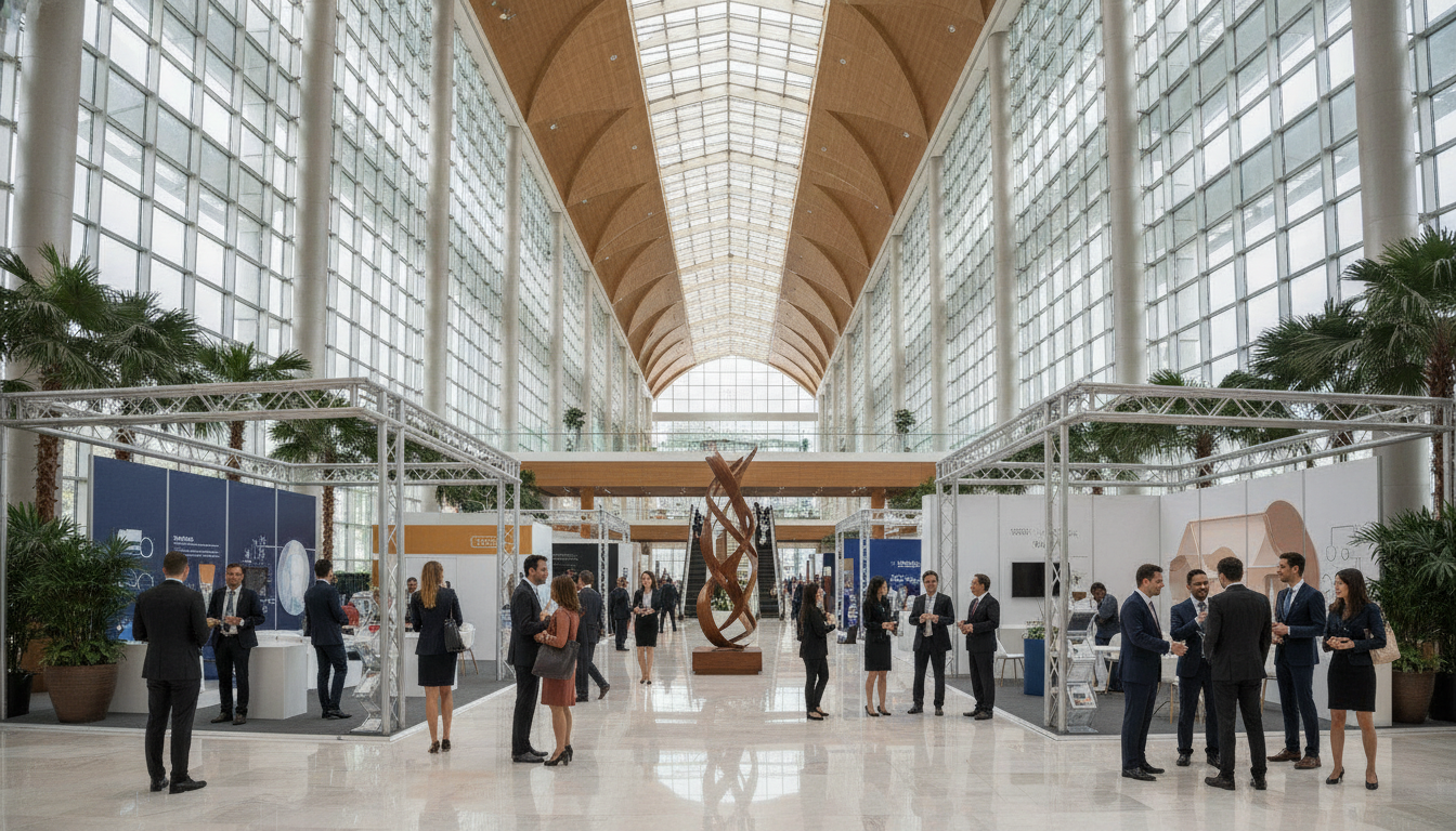 Diverse business professionals networking in a modern, spacious Southeast Asian convention center lobby.