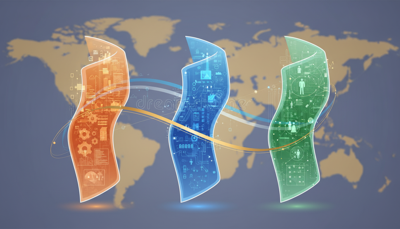 Abstract visual symbolizing three key organizations collaborating to promote trade and investment in Asia.