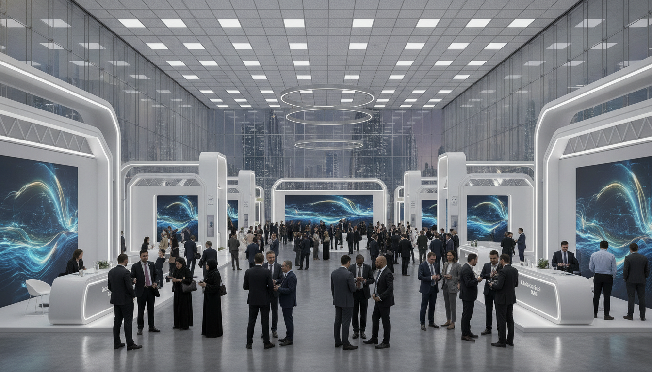 A bustling, modern trade show floor in the Middle East with diverse professionals networking at various exhibition booths.