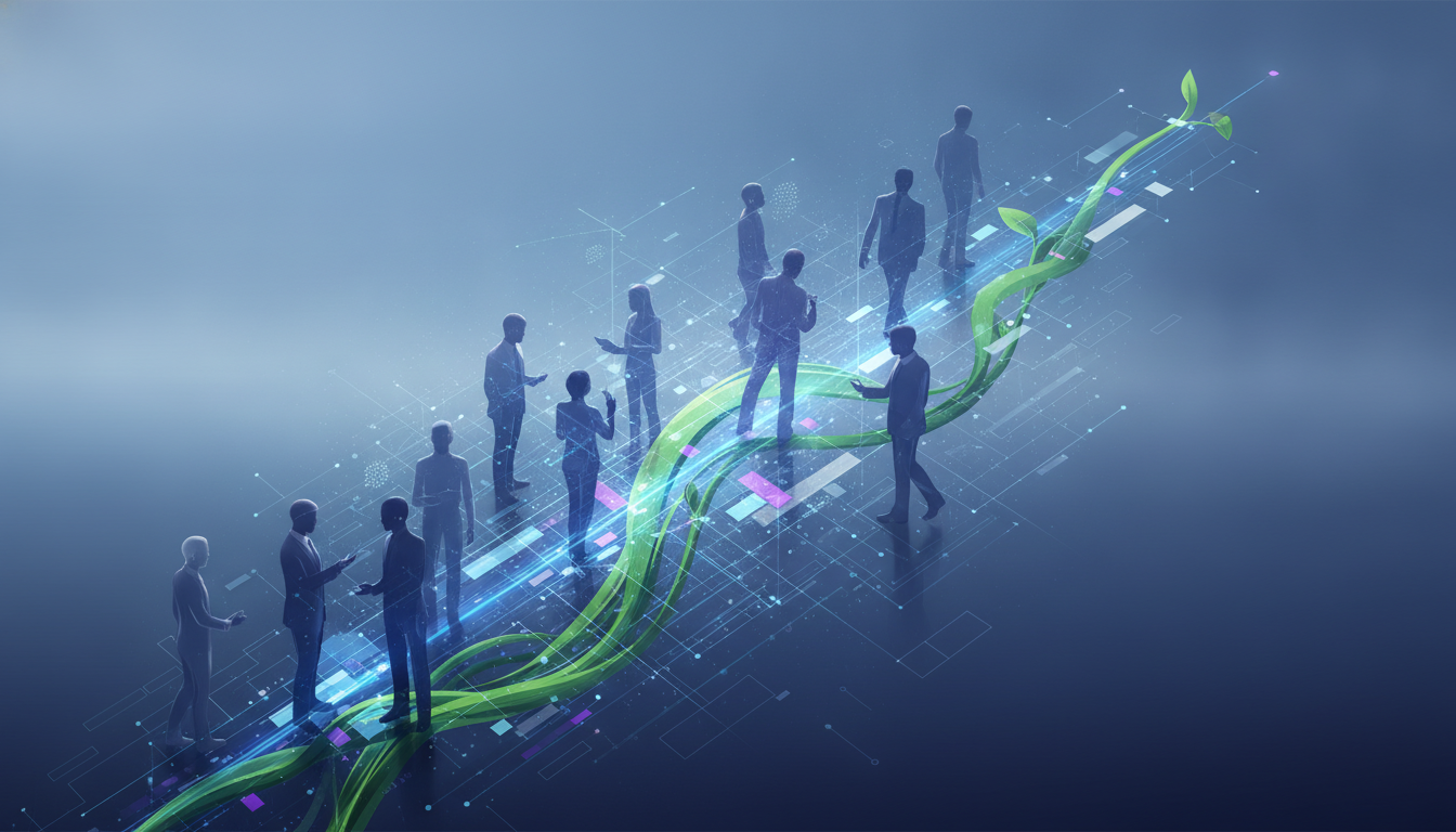 Conceptual illustration of global business trends: human connection, technology, and sustainability.