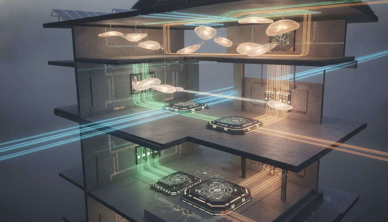 Abstract cross-section of a smart building showcasing integrated energy, data, and lighting systems.