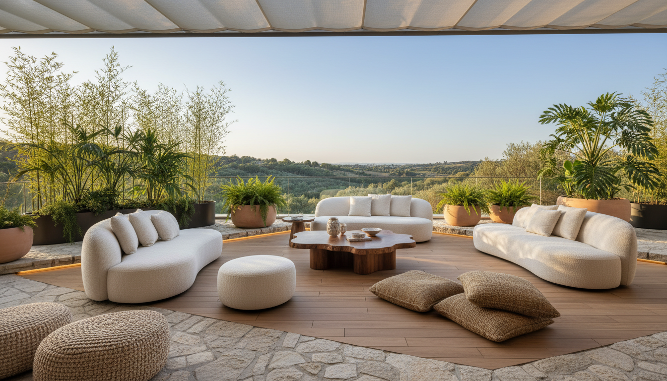 Stylish outdoor living area with modern, organically shaped furniture and natural accents.
