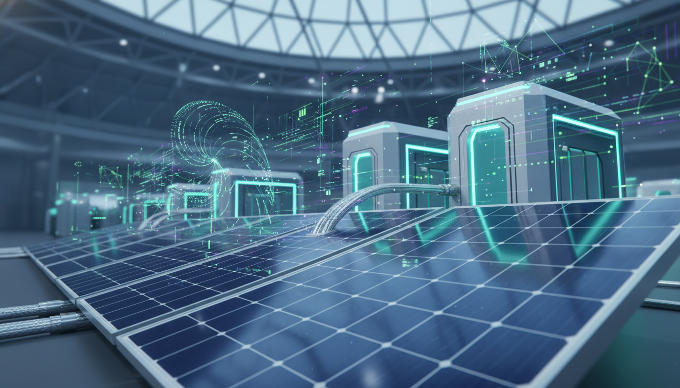 Interconnected solar panels, battery storage, and digital energy management systems.