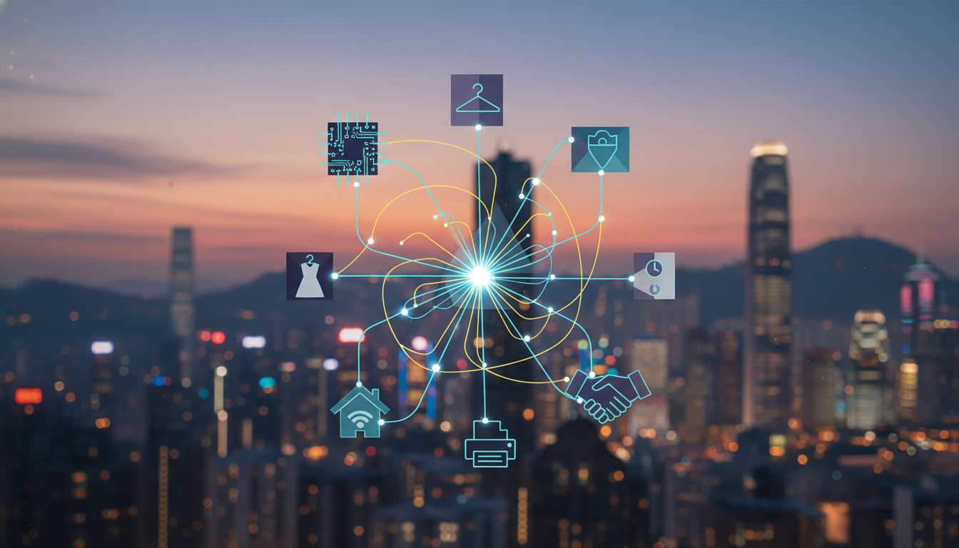 Abstract visualization of interconnected industries like electronics, fashion, and smart home converging at a global trade event.