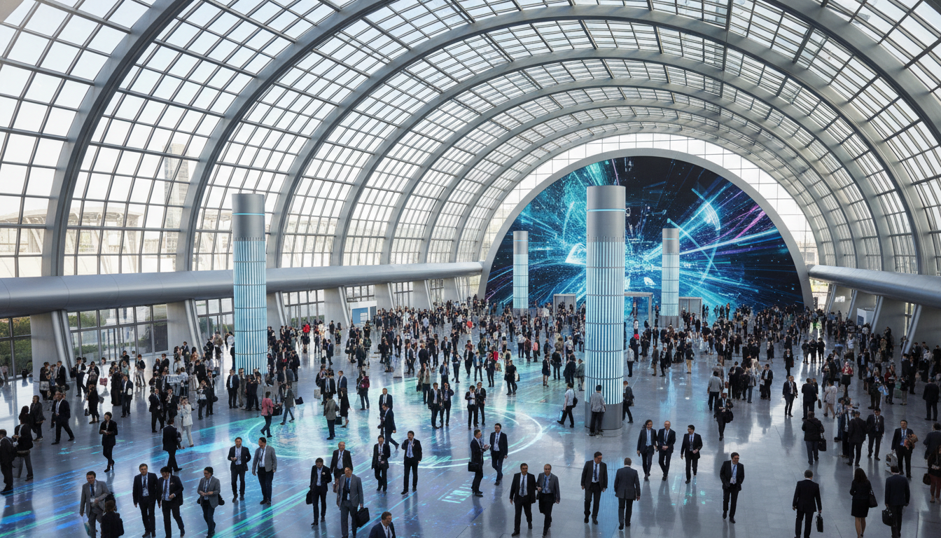 A bustling, modern international convention center atrium filled with diverse professionals, symbolizing global business and connectivity.