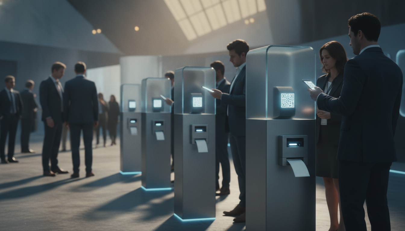 Attendees quickly checking in at self-service kiosks at a modern exhibition.