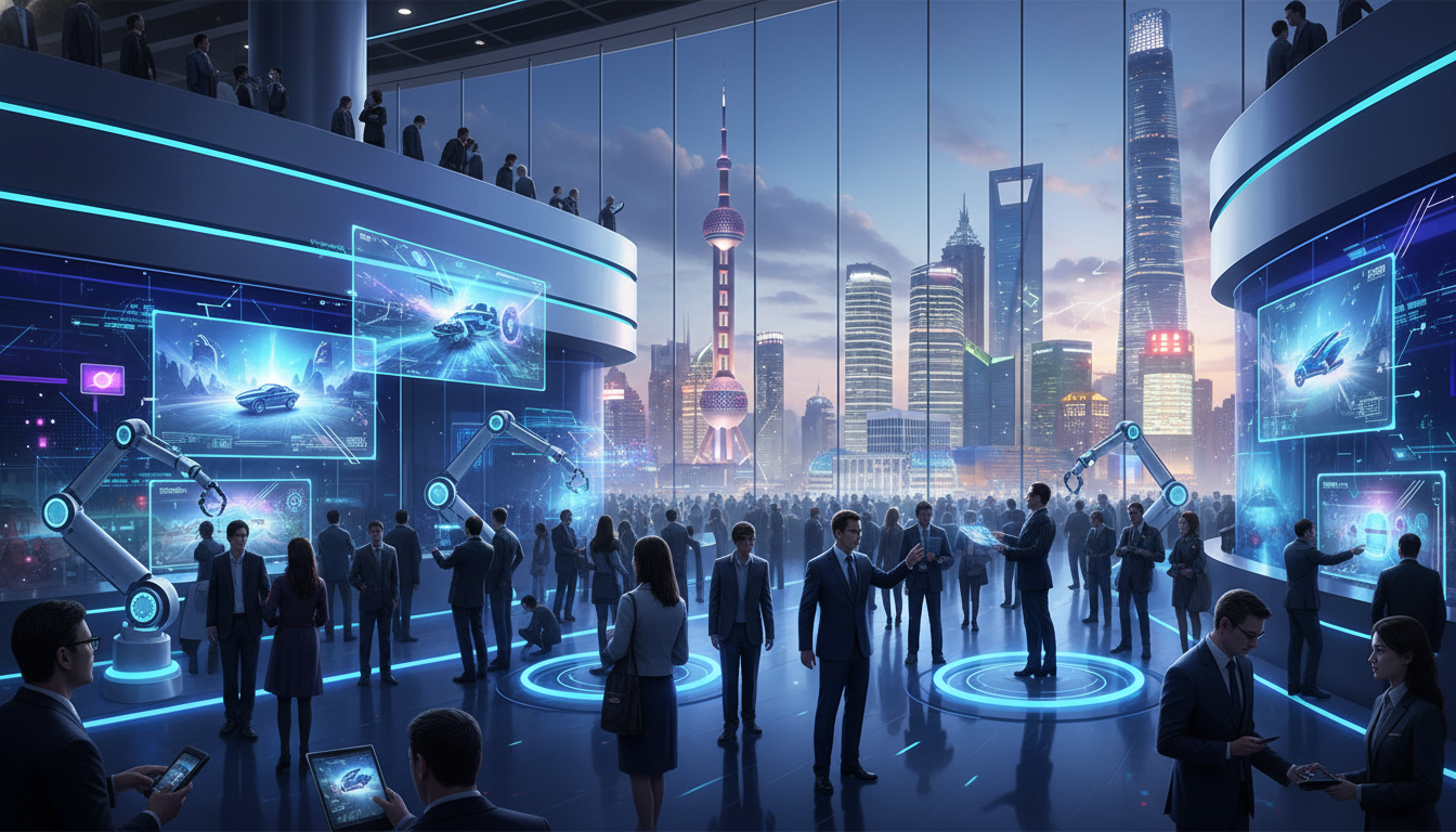 A futuristic digital entertainment expo hall with attendees interacting with advanced tech and holographic displays, set against a blurred Shanghai skyline.