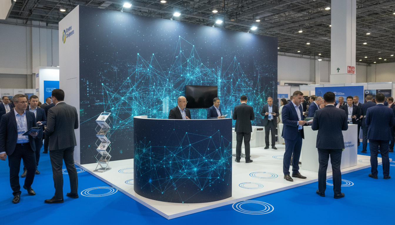 A professional exhibition booth with a large printed backdrop, pop-up display, and floor graphics, demonstrating effective visual communication at a trade show.