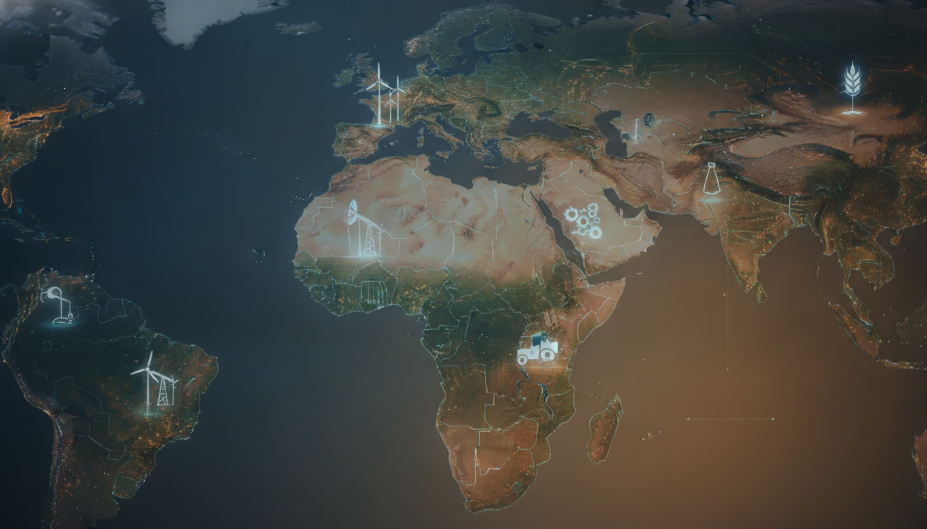 Stylized map of Middle East and Africa with icons representing diverse industries.