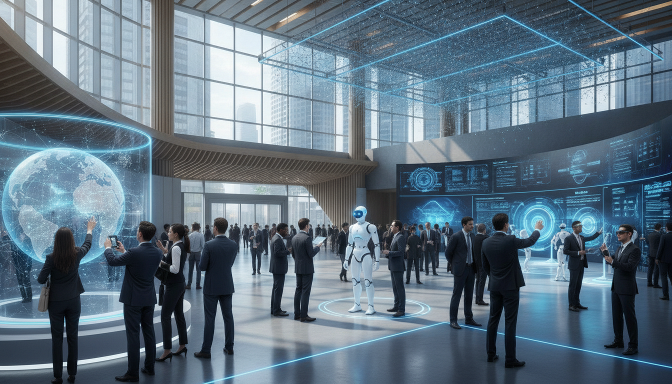Professionals exploring advanced AI and computing exhibits at a large technology trade show in Asia.