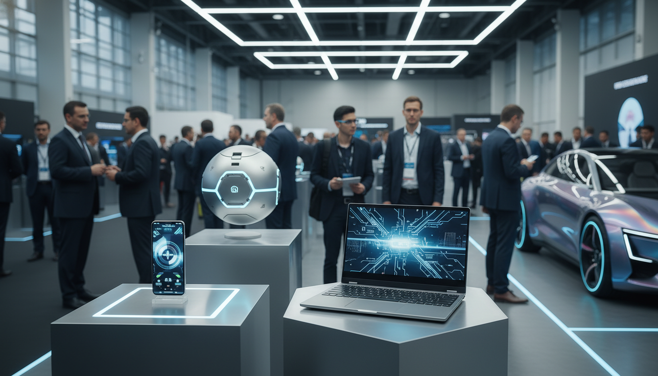 Diverse modern technology products showcased at a professional trade exhibition.