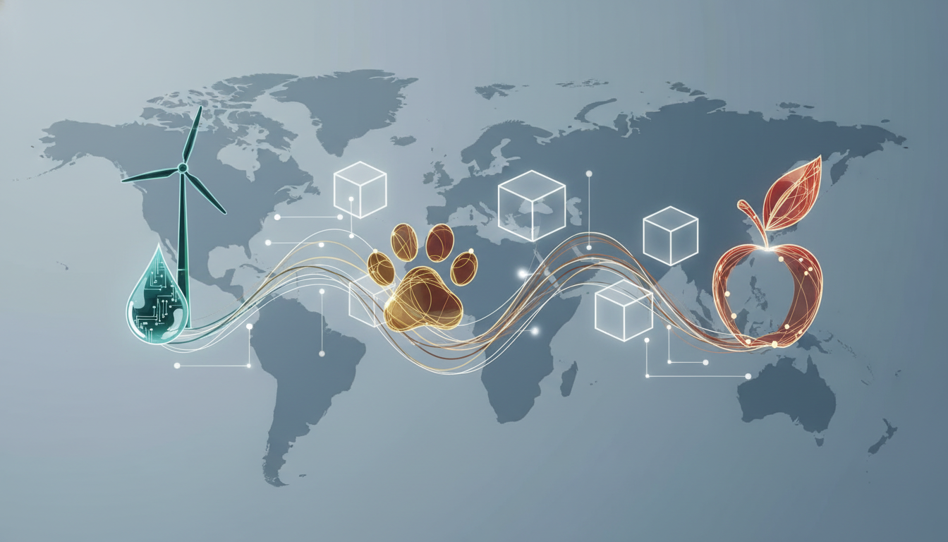 Abstract graphic illustrating the global convergence of diverse industries like environmental, pet, packaging, and food.