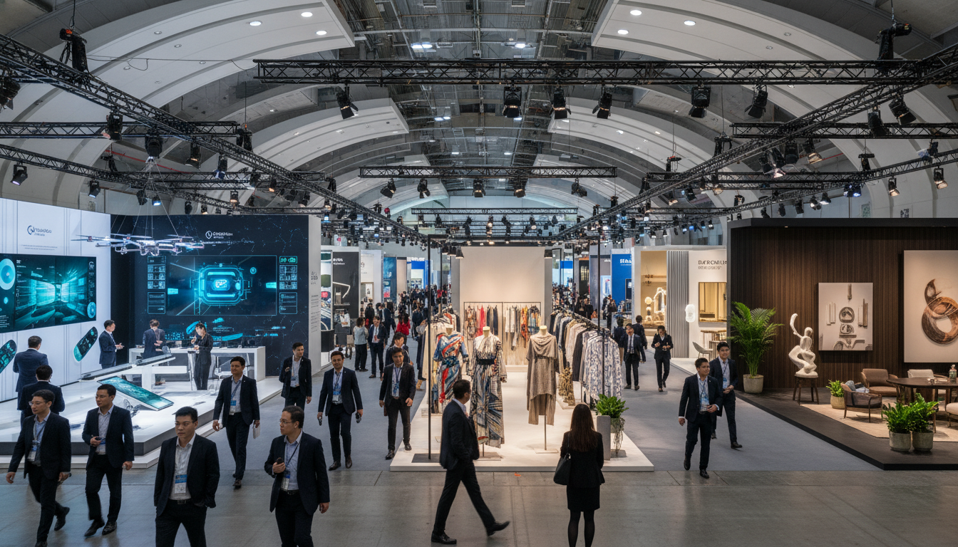 A bustling Hong Kong trade fair hall showcasing diverse exhibits from electronics, fashion, and home decor.