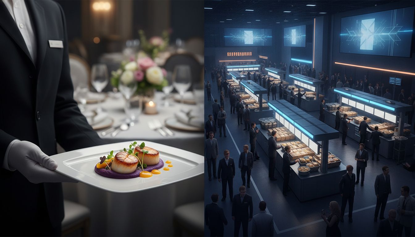 A professional caterer serving an elegant dish, contrasted with a busy, efficient catering operation in a large exhibition hall.