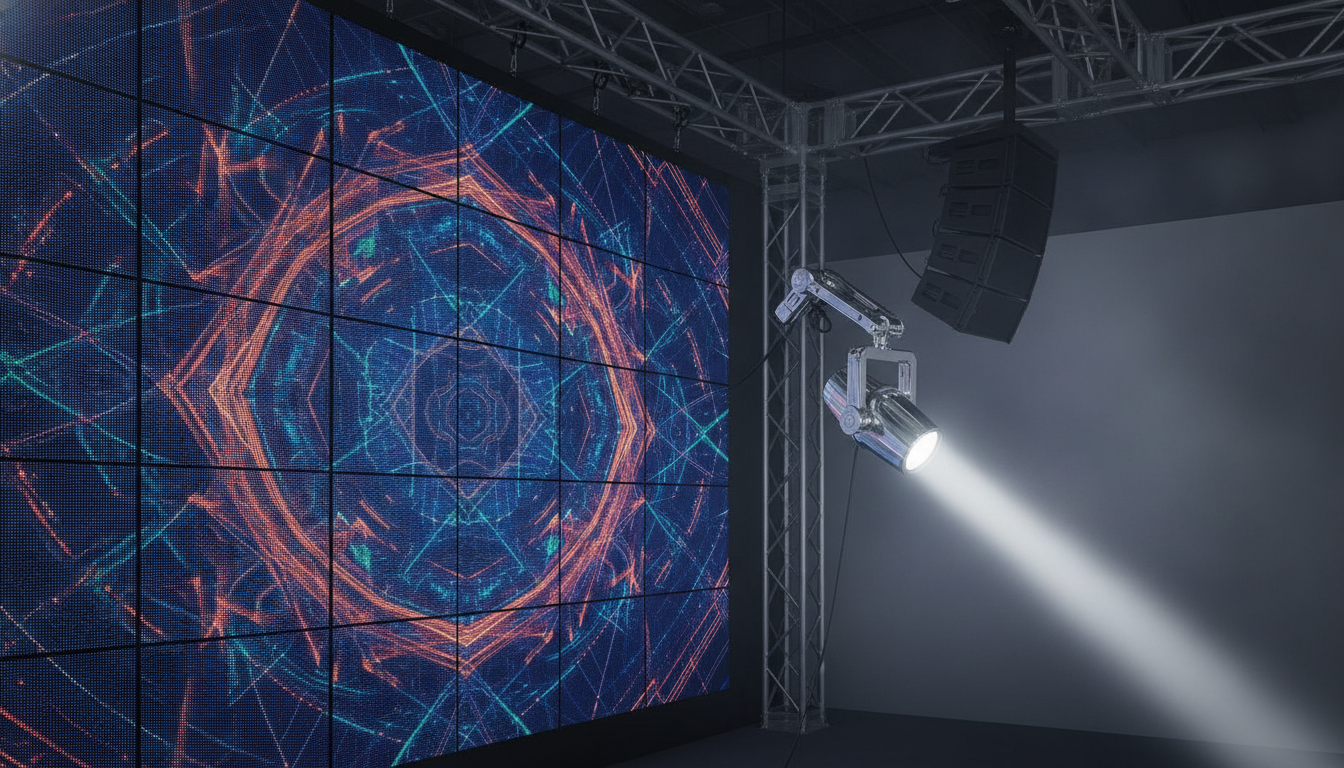 Integrated exhibition setup with a high-resolution LED wall, dynamic moving lights, and a modern line array speaker system.