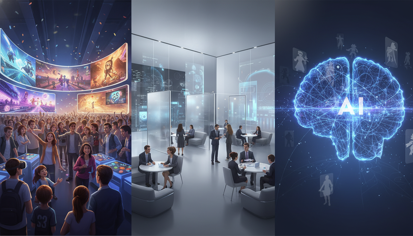 A multi-panel image showing the dual nature of a tech expo, with one side depicting vibrant consumer gaming and the other showing professional business networking, subtly linked by AI concepts.