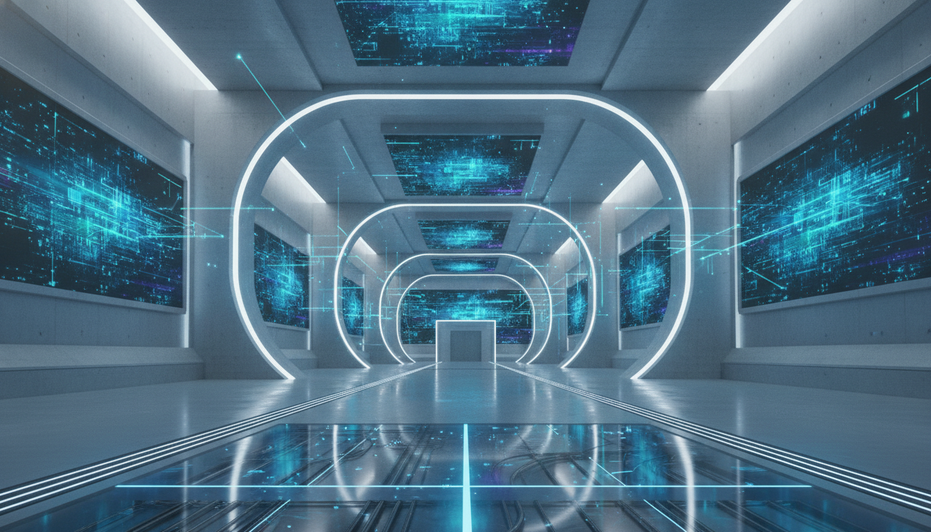 Modern exhibition hall with abstract digital displays and subtle visual cues of wireless connectivity, representing advanced technology infrastructure.