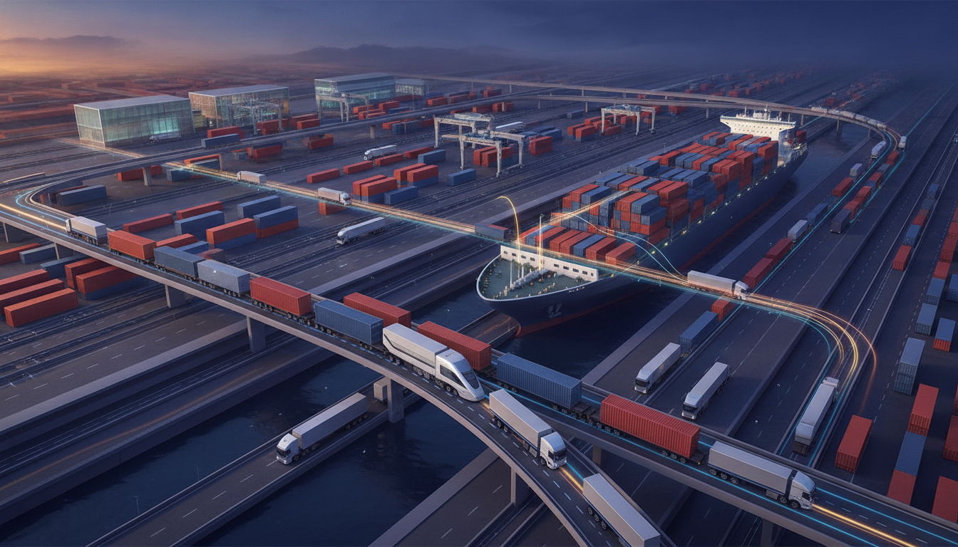 Intermodal transport hub showing containers moving between ships, trains, and trucks.