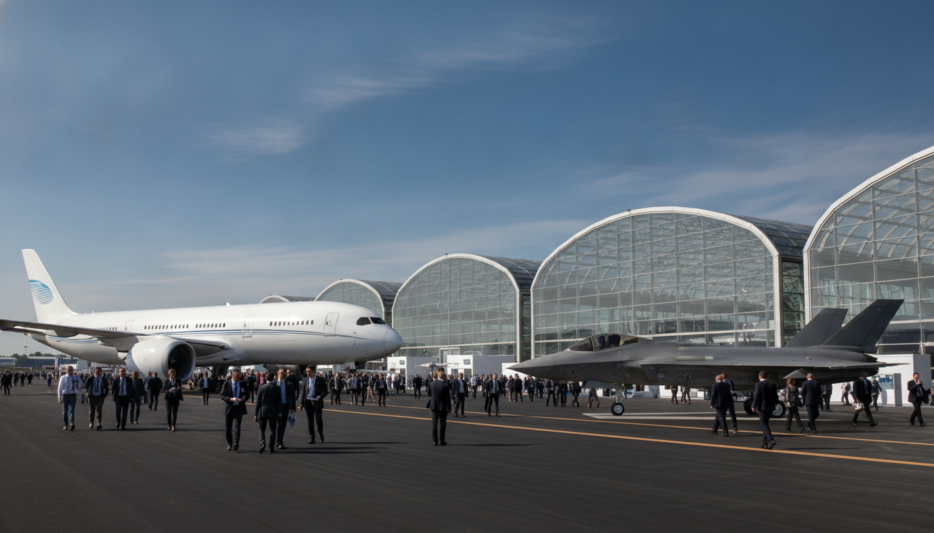 A commercial jet and a fighter jet on an airfield tarmac with exhibition halls and professionals in the background, representing a global aerospace and defense exhibition.