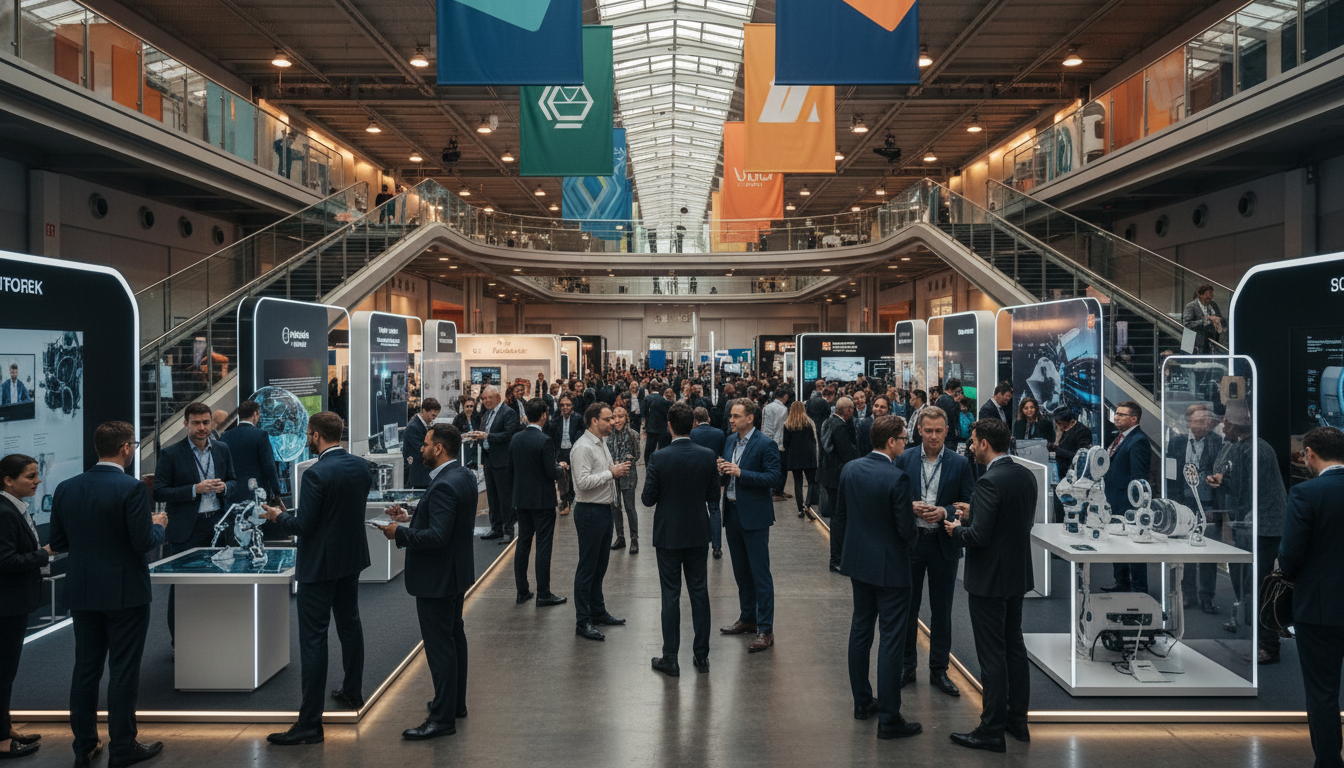Professionals from diverse industries networking at a bustling international trade show.