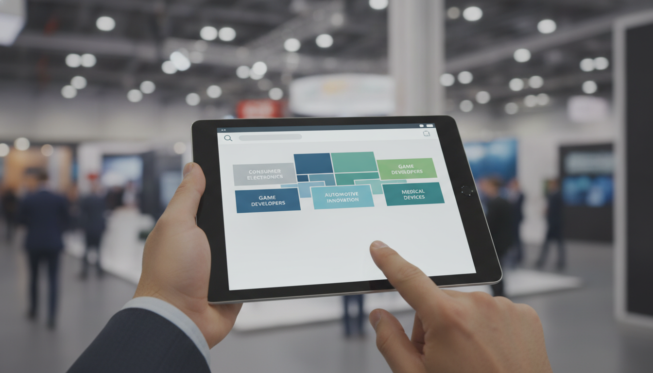 A person's hand holding a tablet displaying an event directory with product categories, but no specific listings for printing or signage services, illustrating the challenge of finding specialized providers.