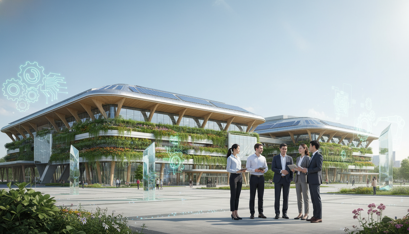Modern, sustainable convention center with professionals discussing advanced technology and industry integration.