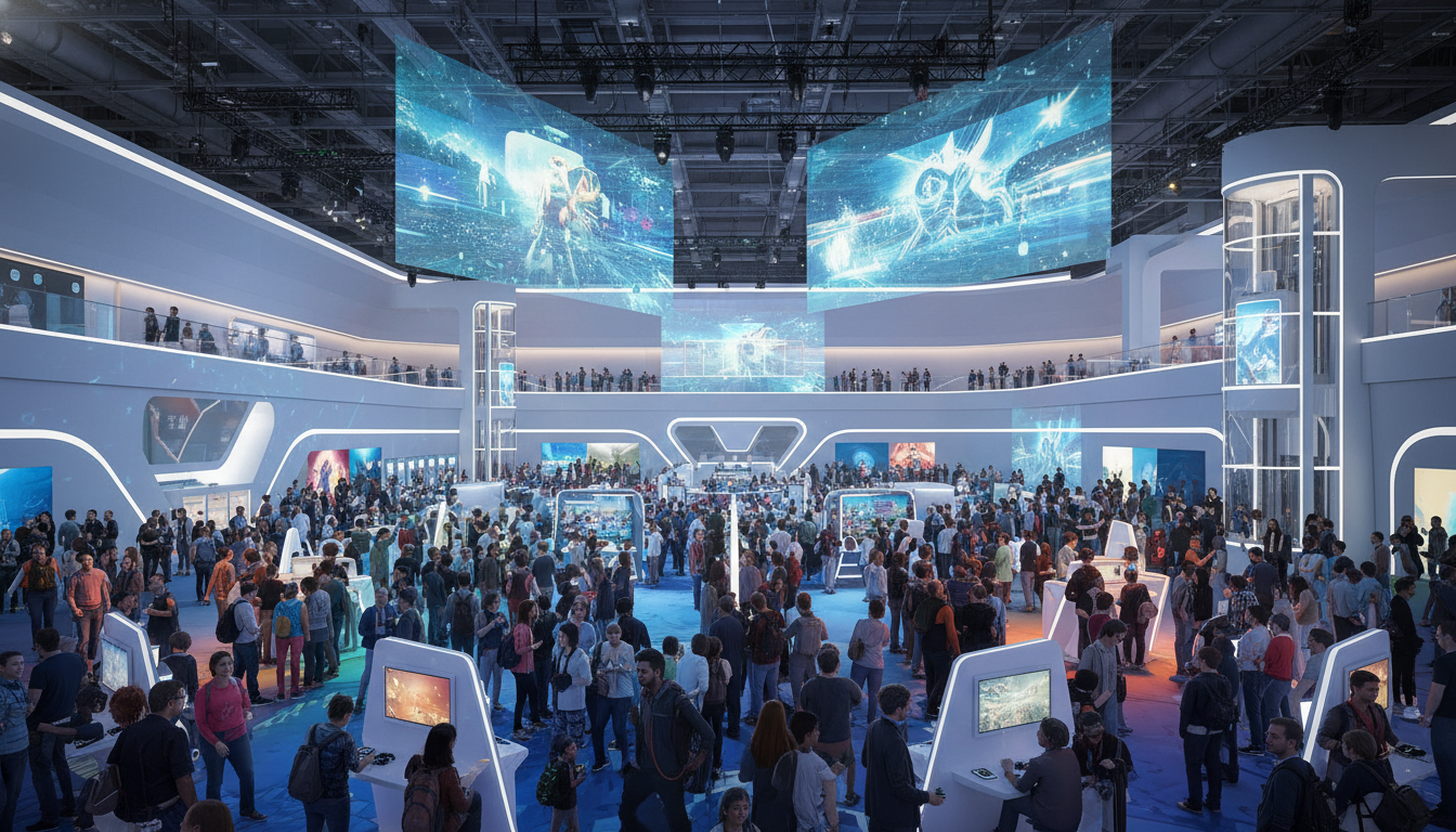 A wide, dynamic shot of a futuristic gaming convention hall bustling with enthusiastic attendees and vibrant game displays.