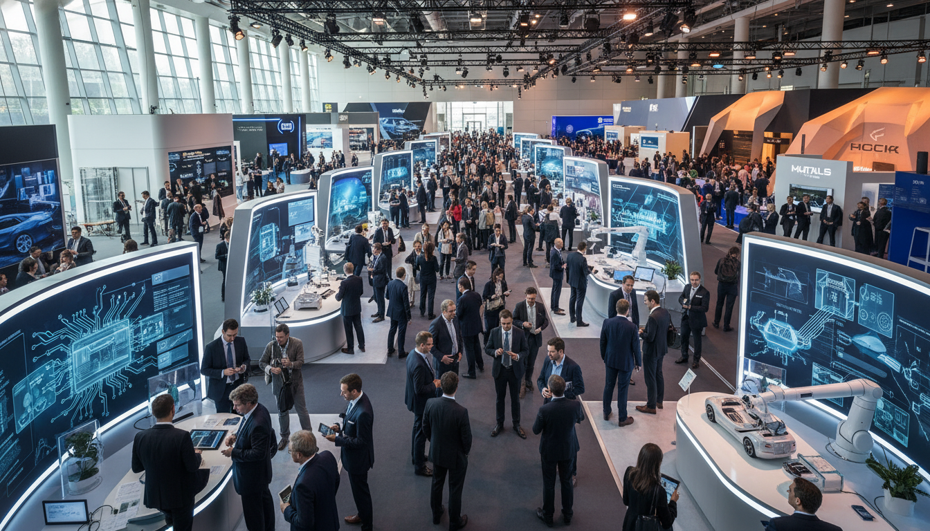 Professionals networking at a bustling trade exhibition in a modern Asian convention center.