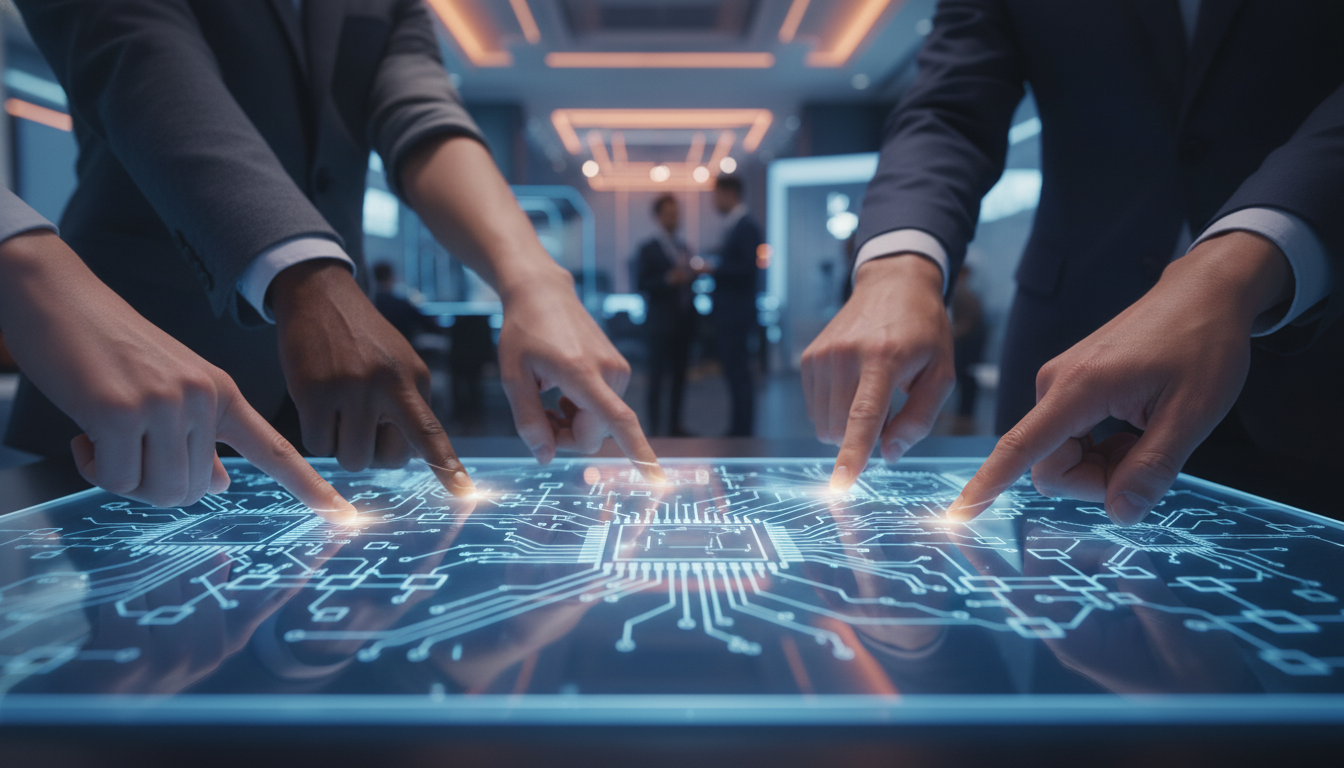 Diverse hands collaborating on a futuristic digital display showing AI, semiconductor, and IoT designs.