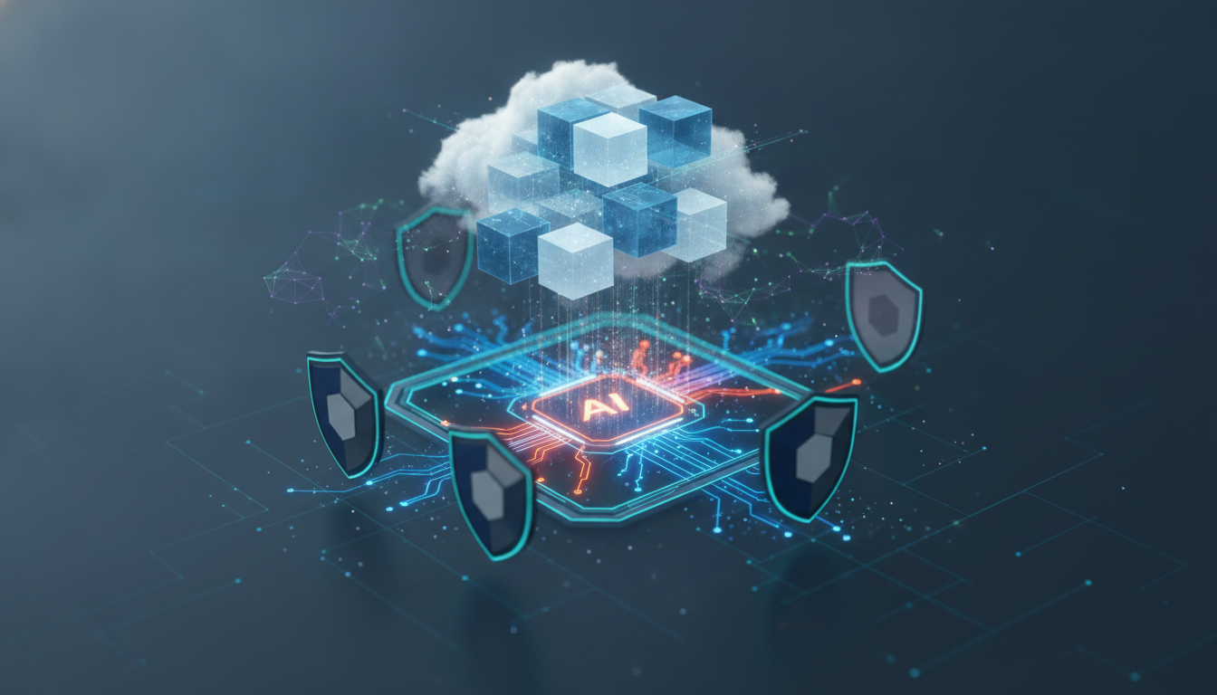A conceptual network illustrating the convergence of diverse deep tech fields such as AI, cybersecurity, cloud computing, and quantum computing, with interconnected abstract elements.