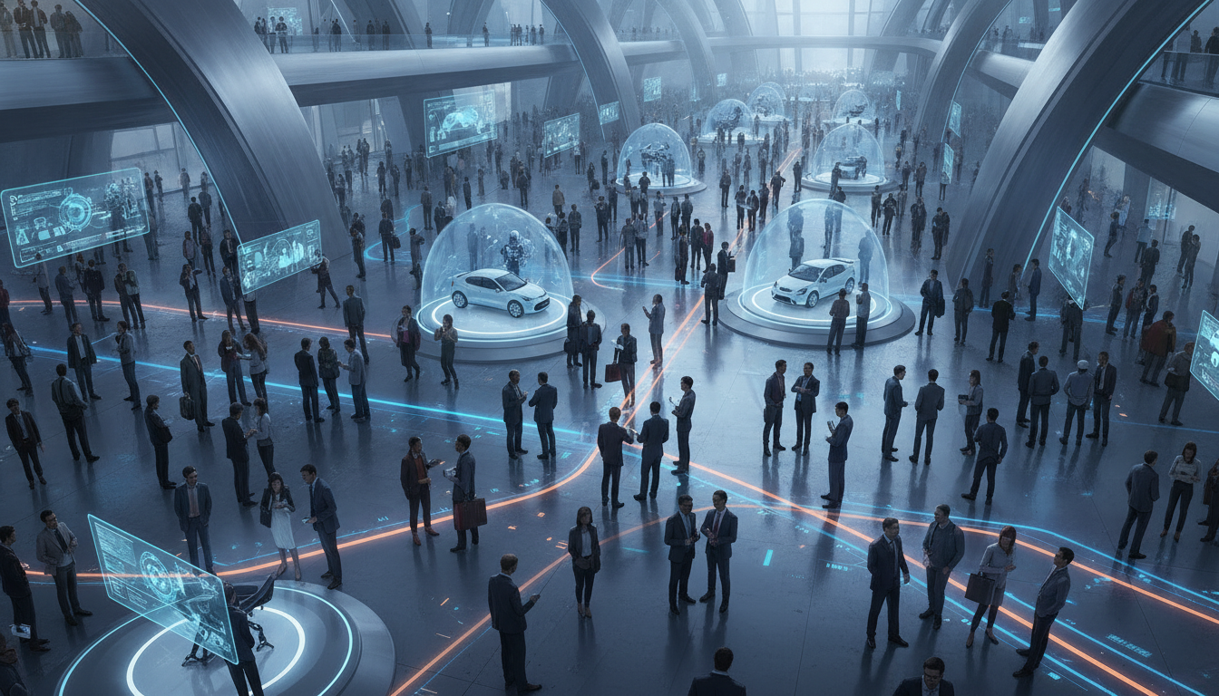 Professionals networking amidst futuristic digital displays at a global technology trade show.