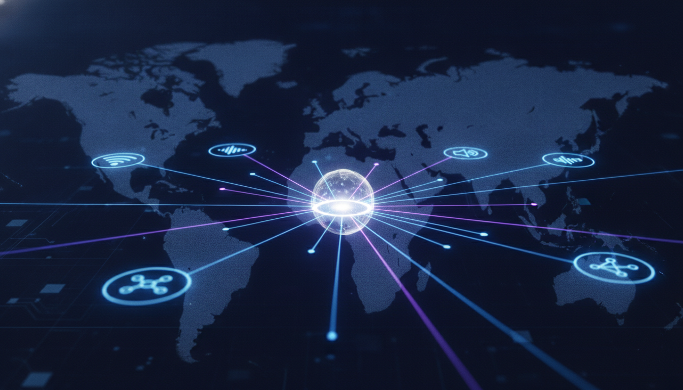 Abstract visualization of integrated global event technology, showing interconnected Wi-Fi, AV, and IT network elements spanning across a subtle world map.