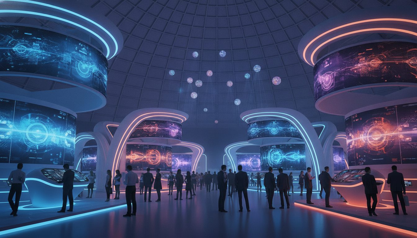 A dynamic and modern exhibition hall filled with innovative, architecturally striking brand booths featuring interactive digital displays and sophisticated lighting.
