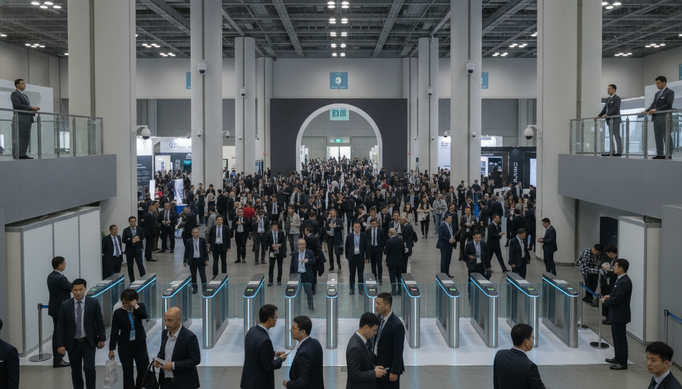 A modern, bustling international exhibition hall with diverse attendees, featuring subtle access control gates and discreet security cameras.