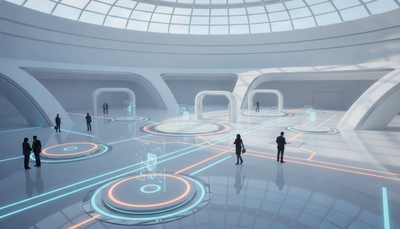 A modern, spacious exhibition hall with glowing lines connecting areas, symbolizing global event planning.