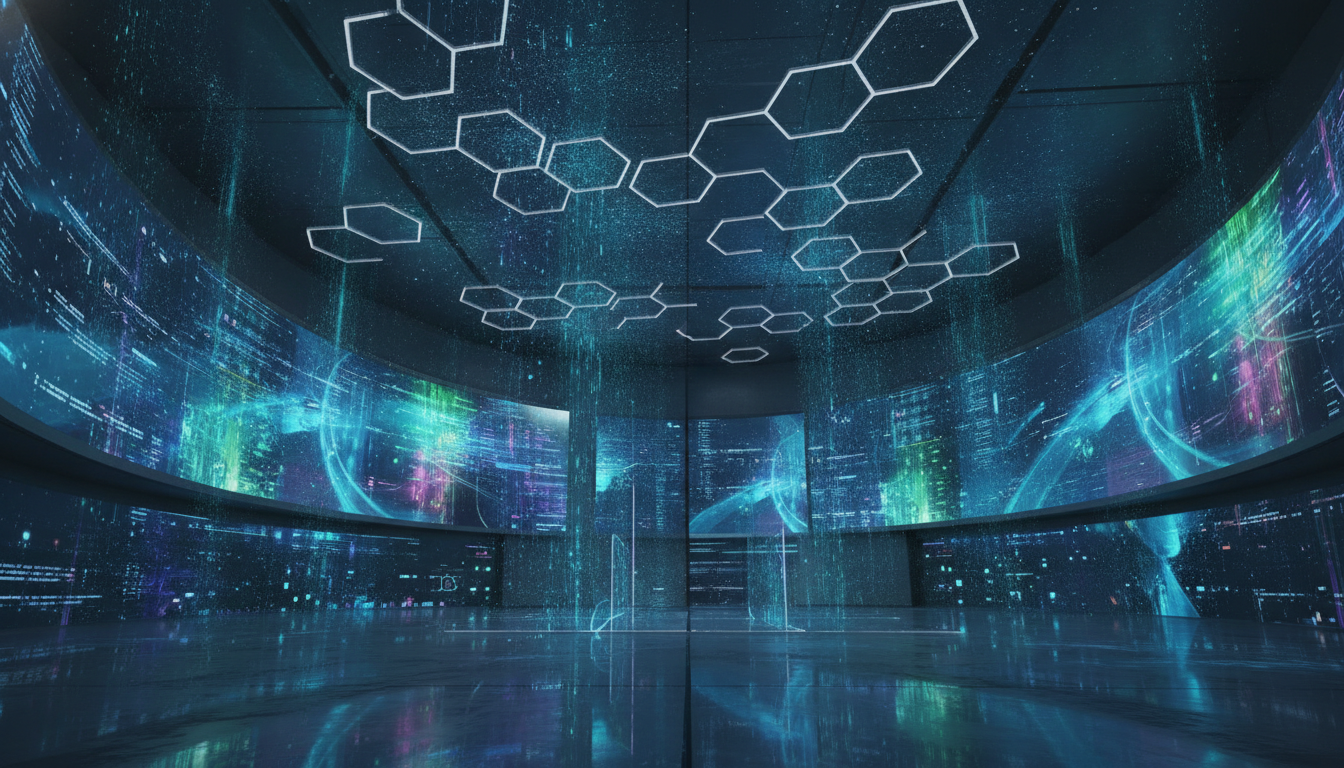 An abstract, futuristic conference environment with glowing digital projections and data streams, symbolizing advanced AI and deep tech innovation.